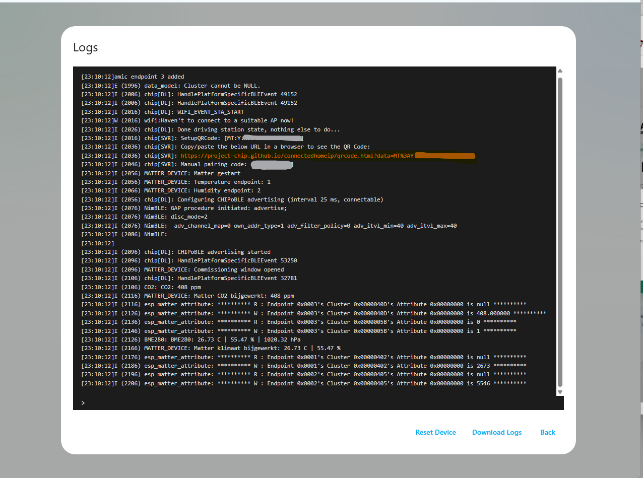 Logs & Console scherm met Reset Device knop